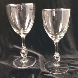 Unique pair vintage clear crystal wine glasses with platinum balls and trim